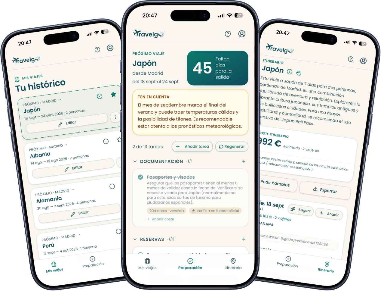 Pantallas de TravelgO: Mis viajes, Preparación e Itinerario
